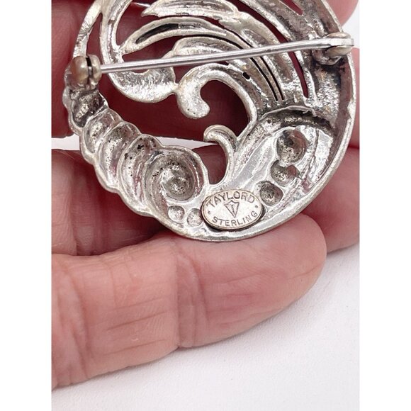 Taylord Sterling Silver Brooch Scroll Leaf Swirl Round Vintage Mid Century - Picture 4 of 7